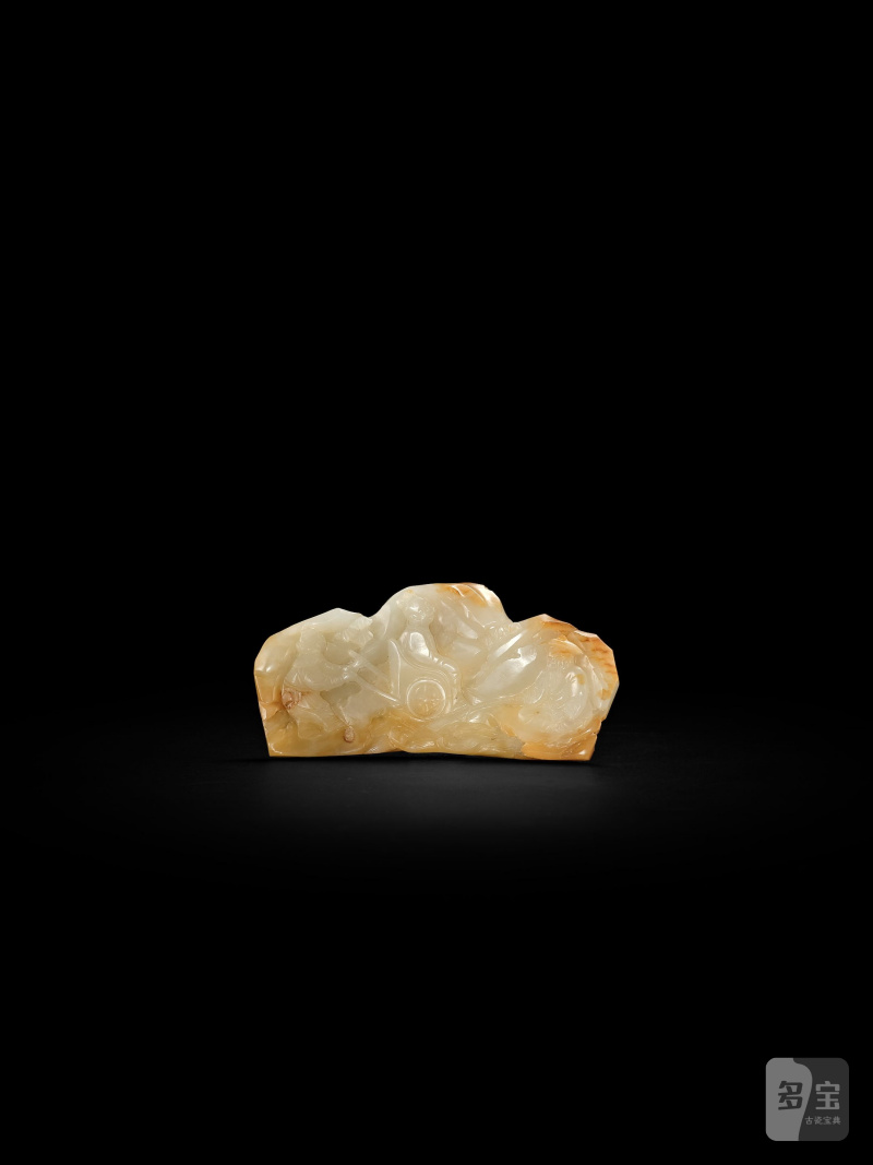 清十八世紀　青白玉帶皮雕鬼谷子下山圖筆山 | A PALE GREEN AND RUSSET JADE 'GUIGUZI' BRUSHREST - 图2